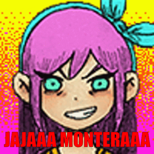 a drawing of a girl with pink hair and blue eyes says jajaaa monteraa