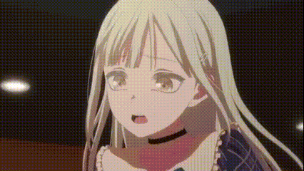 a close up of a anime girl with long blonde hair and a choker around her neck .