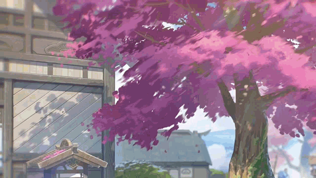 a painting of a tree with pink flowers in front of a house