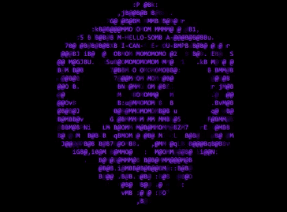 a computer screen displays a skull made out of numbers and letters
