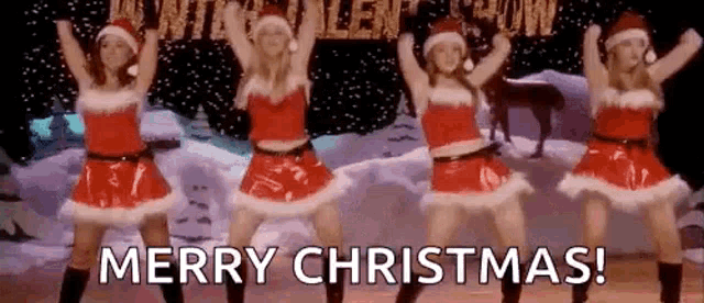 a group of women dressed as santa claus are dancing on a stage and they are saying merry christmas .