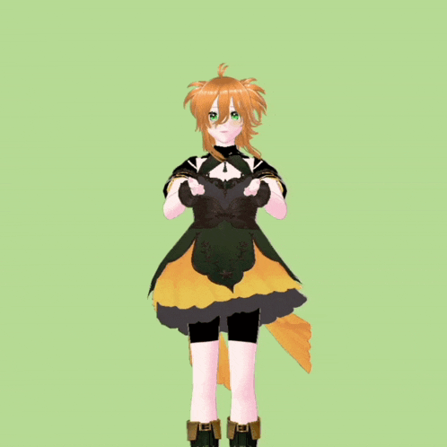 a girl with orange hair and green eyes is wearing a black and yellow dress and gloves