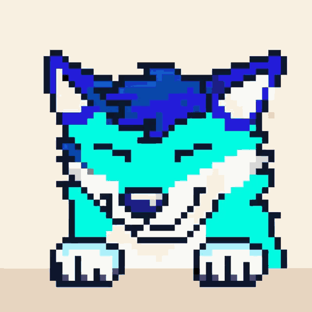 a pixel art drawing of a blue and white animal with its eyes closed