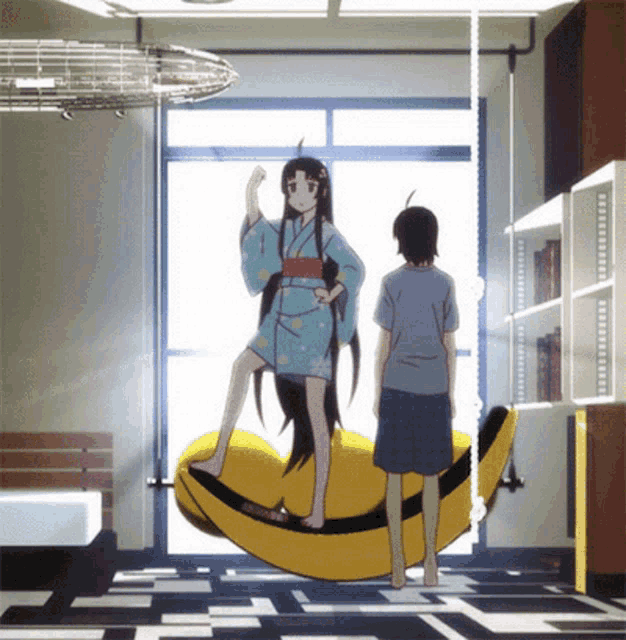 a girl in a blue kimono is standing on a yellow object