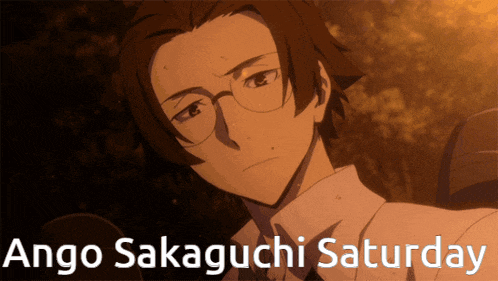 a picture of a man with glasses and the words ango sakaguchi saturday below him
