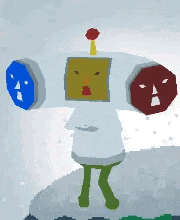 a pixel art drawing of a robot with three faces on it 's head .