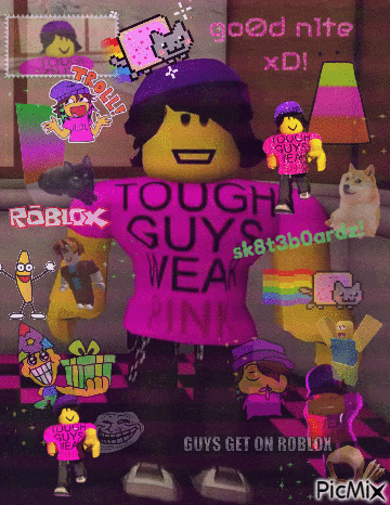 a picture of a roblox character with a pink shirt that says tough guys wear pink