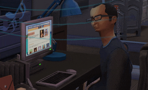a man wearing glasses sits at a desk looking at a computer screen that says " united states of america " on it