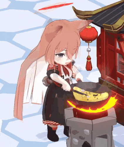 a cartoon character is cooking food in front of a building