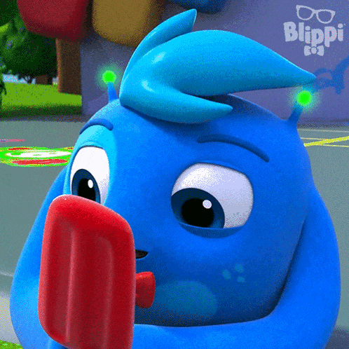 a blue cartoon character is eating a red popsicle in front of a blippi sign
