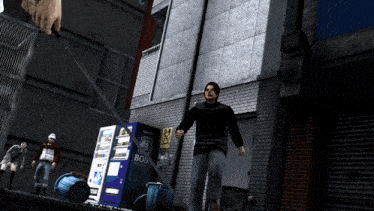 a man on a leash is walking past a boss vending machine