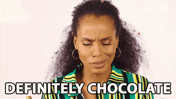 a woman in a striped shirt is making a face and says definitely chocolate