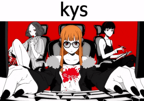 a black and white drawing of three girls with the word kys on the top