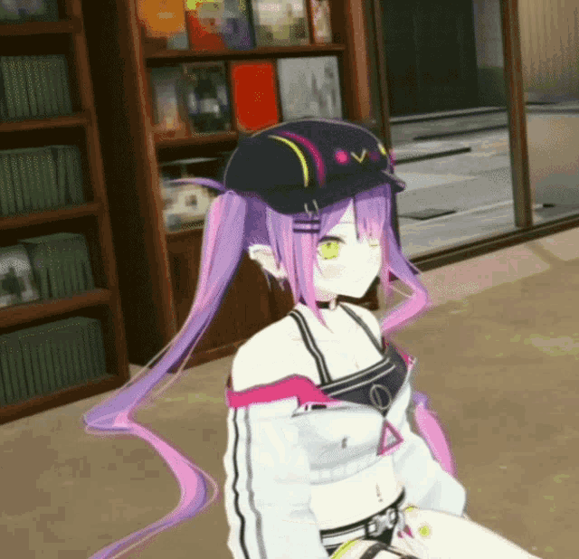a girl with purple hair is wearing a hat