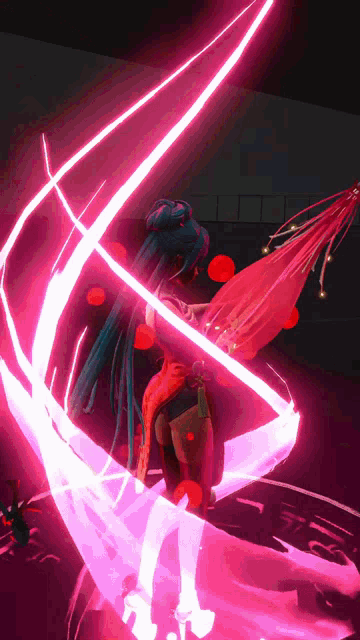 a woman with blue hair is holding a red umbrella