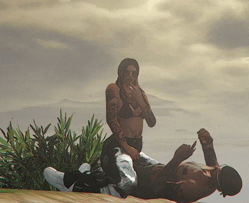 a woman in a bikini sits on a man 's back