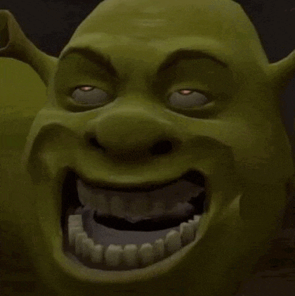 shrek is making a funny face with his mouth open and his eyes glowing .