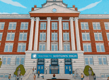 a welcome to midtown high sign hangs above the entrance