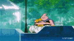 a cartoon character is sitting on a bench in front of a building that says planettoons