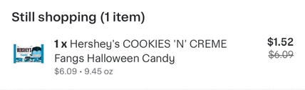 hershey 's cookies ' n creme fangs halloween candy is being sold for $ 1.52