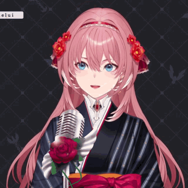 a girl with pink hair is holding a microphone and a rose in her hand