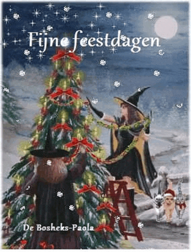two witches are decorating a christmas tree in a painting .