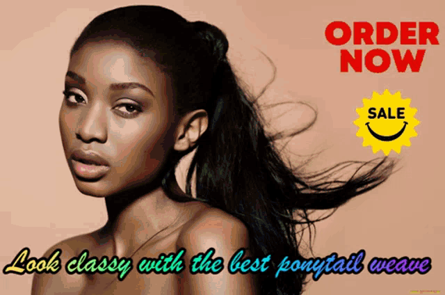 a woman with a ponytail and the words order now on the bottom