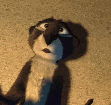 a close up of a cartoon animal looking up