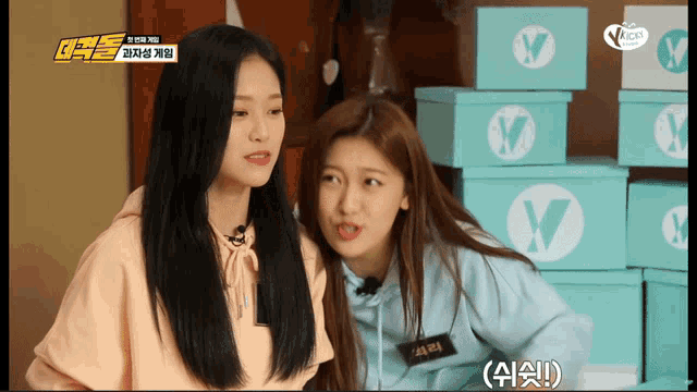 two girls are standing next to each other in front of boxes with letters v on them