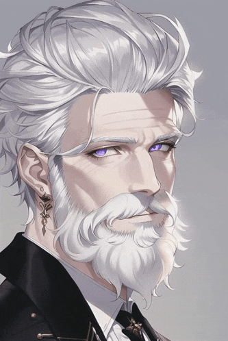 a man with a beard and purple eyes is wearing earrings