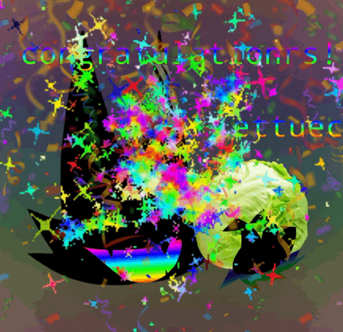 congratulations written on a colorful background with a witch hat
