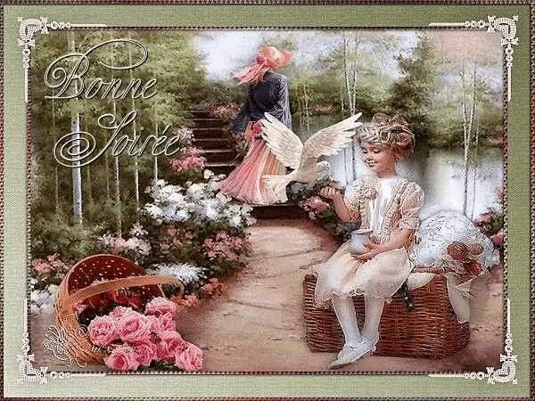 a painting of a little girl sitting on a basket with the words bonne soirée on the bottom right
