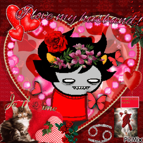 a picture of a cat with a flower crown and the words " i love my husband " on the bottom