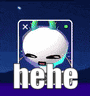 a cartoon character with horns is sitting in a box with the word hene written on it .