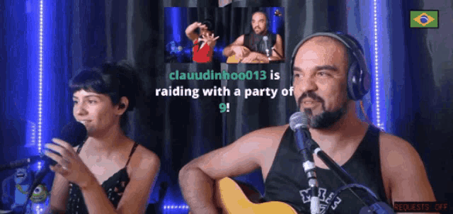a man and a woman singing into microphones with the words clauudinbo013 raiding with a party of 9