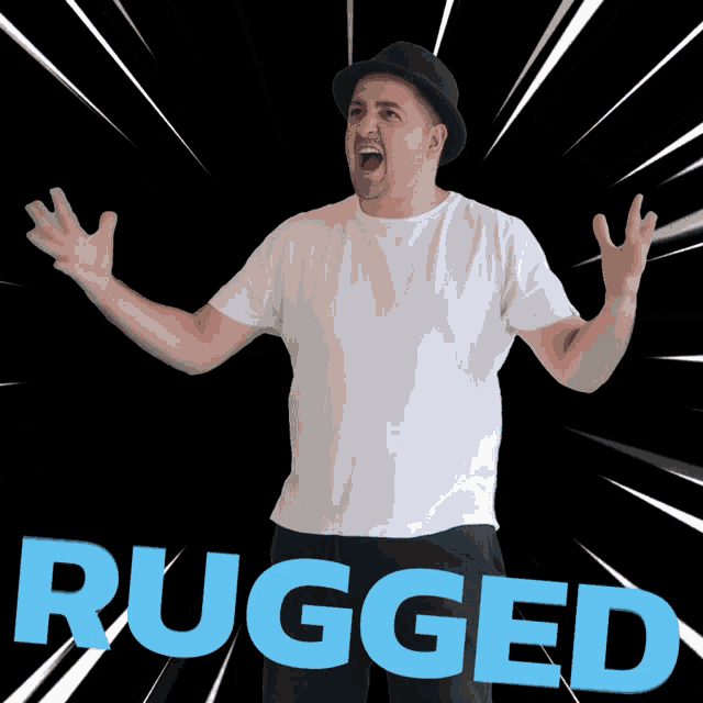 a man in a white shirt is standing in front of a black background that says " rugged "