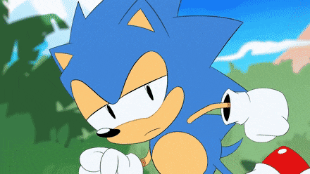 a cartoon drawing of sonic the hedgehog with gloves on