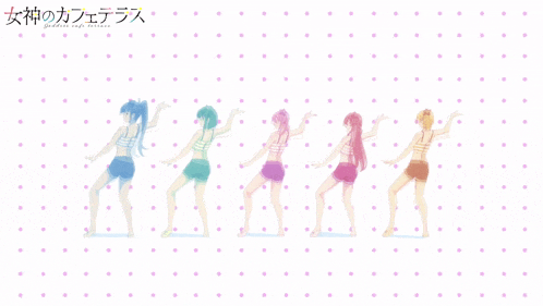 a drawing of a group of girls holding hands with the words " goddess cafe terrace " on the bottom