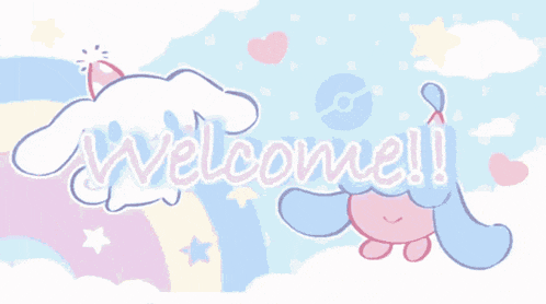 the word welcome is on a blue background with a cat