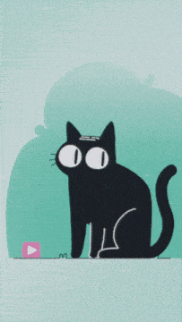 a cartoon drawing of a black cat with big eyes and the letter s on its head