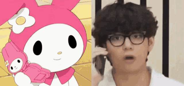 a picture of a cartoon character and a picture of a man wearing glasses talking on a cell phone .