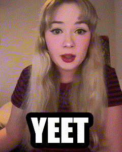 a girl with blonde hair is wearing a t-shirt that says yeet on it