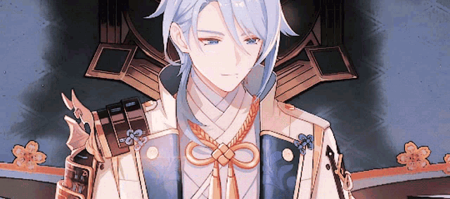 a drawing of a boy with blue hair and a sword