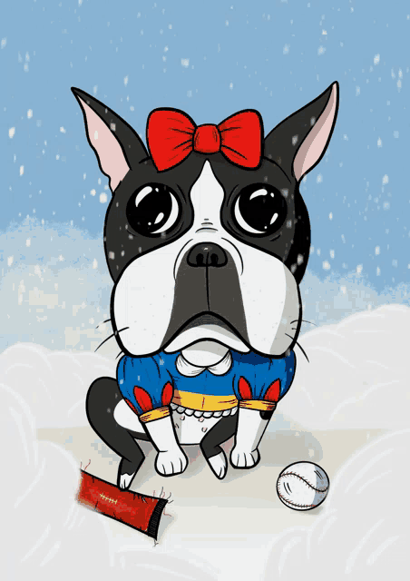 a cartoon drawing of a dog wearing a blue shirt and a red bow