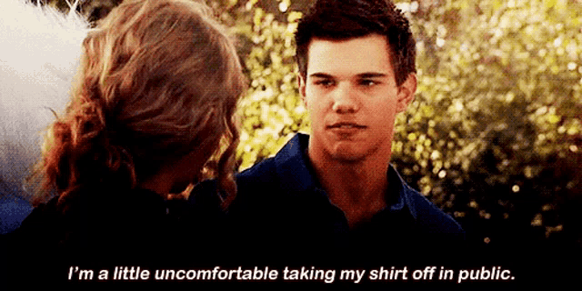 a man and a woman are looking at each other and the woman says i 'm a little uncomfortable