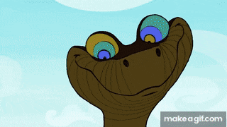 a cartoon snake with a blue sky in the background and a make a gif.com link