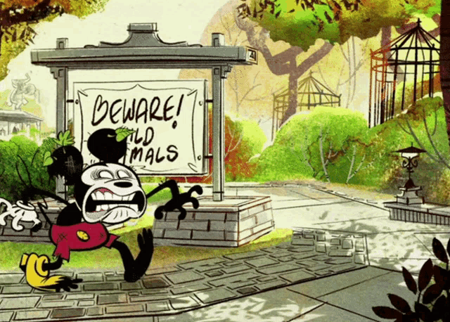 a cartoon drawing of mickey mouse standing next to a sign that says beware old mals