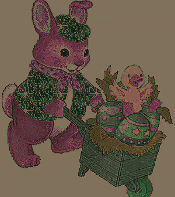 a bunny is pushing a wheelbarrow full of eggs