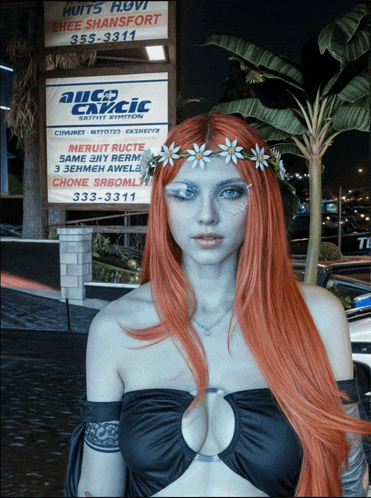 a woman with red hair is standing in front of a sign that says ' auco cycic ' on it