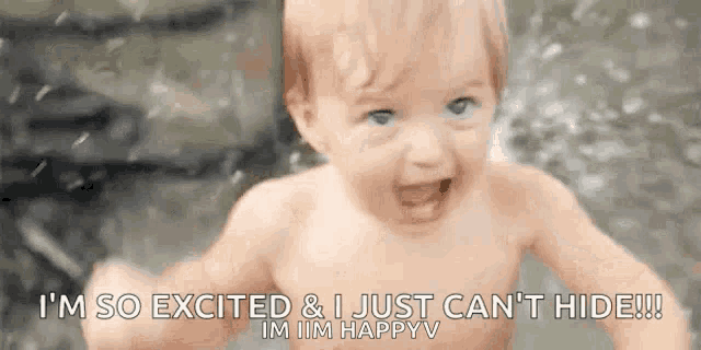 a baby without a shirt is laughing in the rain and says i 'm so excited and i just can 't